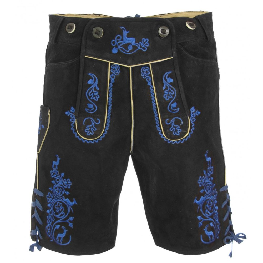 Authentic German Black Lederhosen Blue Embroidered